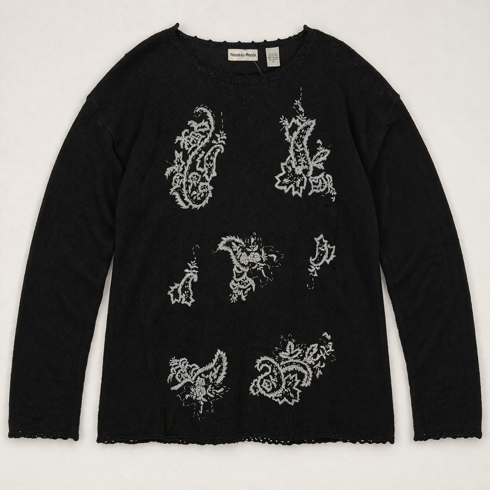 Boho vtg 90s witchy Black Beads Embroidery Paisley Cotton Sweater NWT grannycore